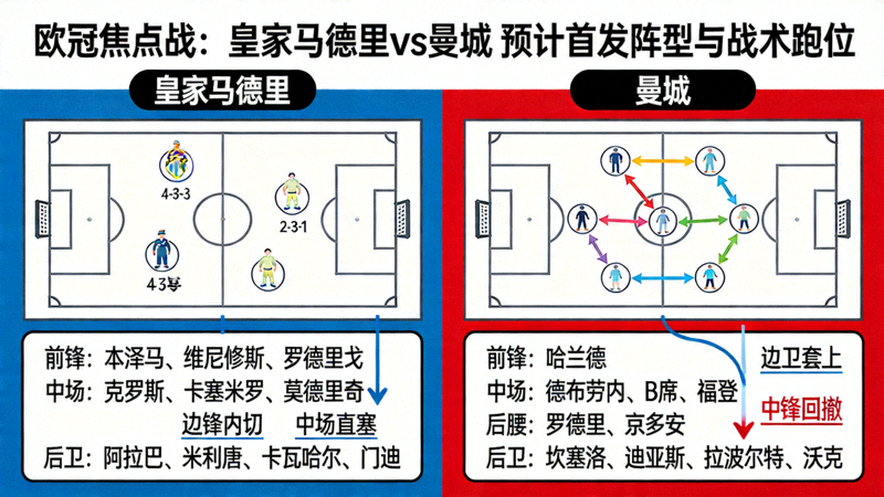 欧冠焦点战双方预计首发阵型与战术跑位示意图